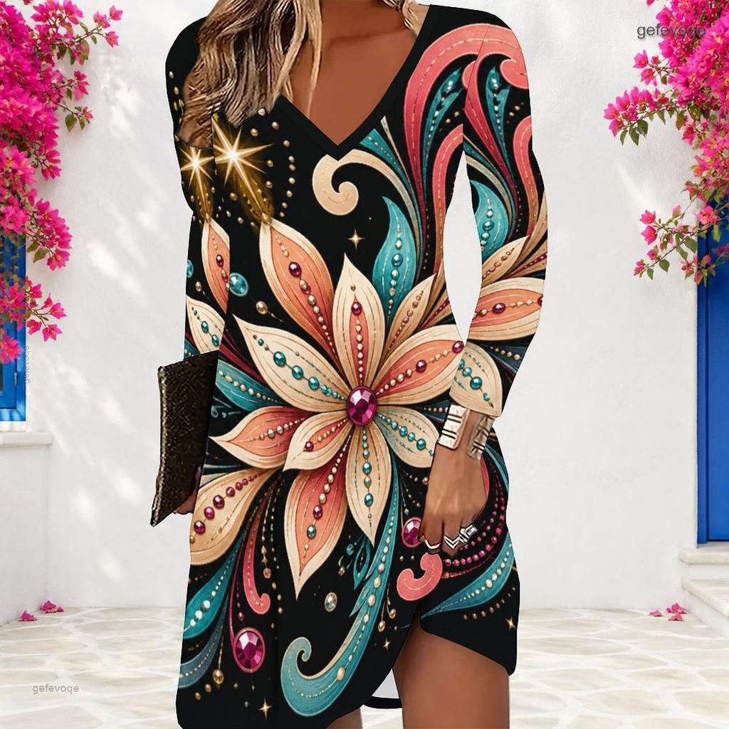 Women Plus Size V Neck Long Sleeve Printed Black Green Gold A Line Dress