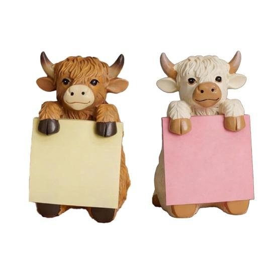 Highland Cow Pop-up Note Pad Dispenser Cute Resin Cow Memo Pads Note Holder for Home Office Desk Accessories