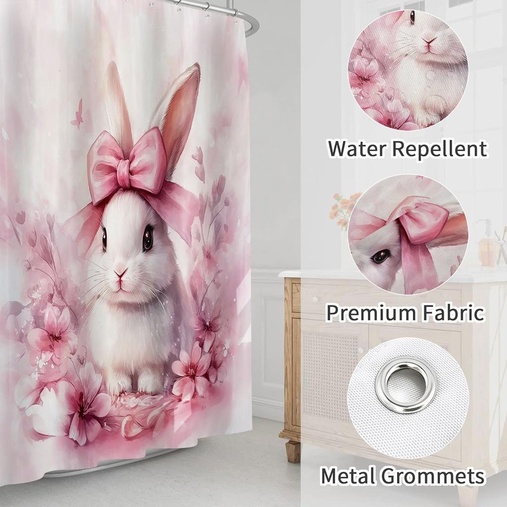 4pcs Easter Pink Rabbit Floral Print Waterproof Shower Curtain With 12 Hooks Non-Slip Bathroom Rug Toilet U-Shape Mat Toilet Lid Cover Pad