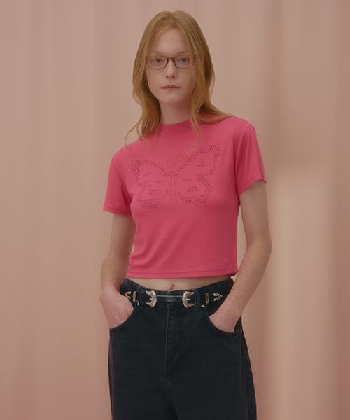 Uncover Text Butterfly Crop Short Sleeve T-Shirt Pink Free