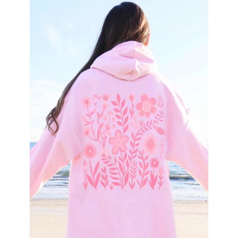 2025 New European Women's Drop Shoulder Ribbed RosaBlumen Hoodie with Printed and Embroidered Options