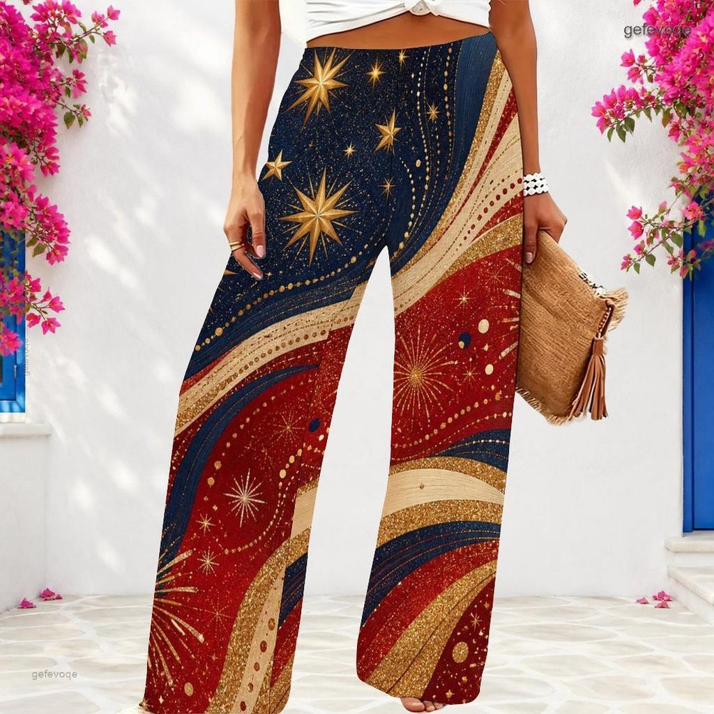Women Plus Size Loose Wide Leg Full Length White Star Striped Printed Pants