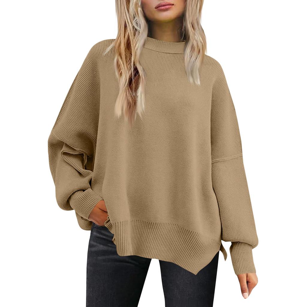 Women's Fashion Round Neck Long Sleeve Sweater Knitted Side Slit Pullover
