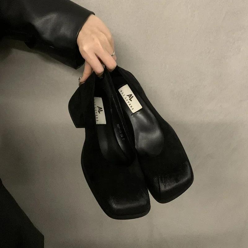Fashion Retro Style Thick Heel Women Square Toe Shoes 2024 Fashion Shallow PU Leather Single Shoes Ladies Comfort Office Pumps