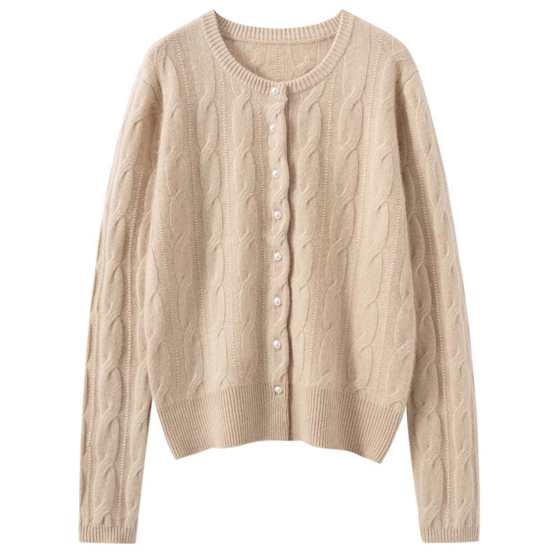 2025 Autumn/Winter Women's Chic Cashmere Cable Knit Cardigan with Pearl Buttons