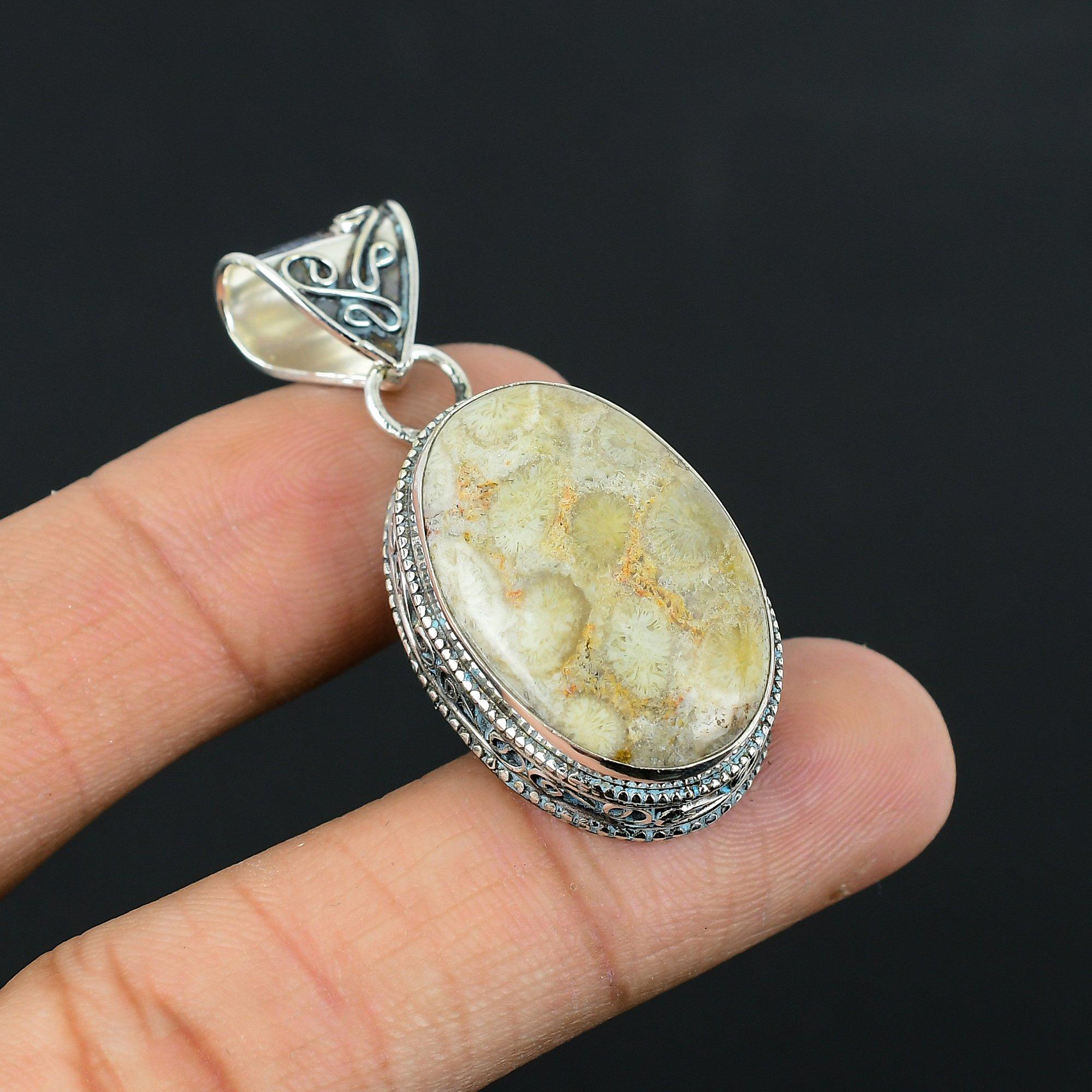 Daughters Day Deal 925 Silver Oval Fossil Coral Gemstone Root Chakra New Pendant