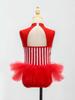 Kids Girls Ringmaster Jumpsuit: Rhinestone Stripe Sleeveless Cutout Bodysuit with Waist Mesh Ruffled Overlay for Stage