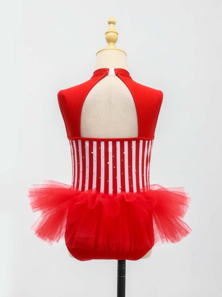 Kids Girls Ringmaster Jumpsuit: Rhinestone Stripe Sleeveless Cutout Bodysuit with Waist Mesh Ruffled Overlay for Stage