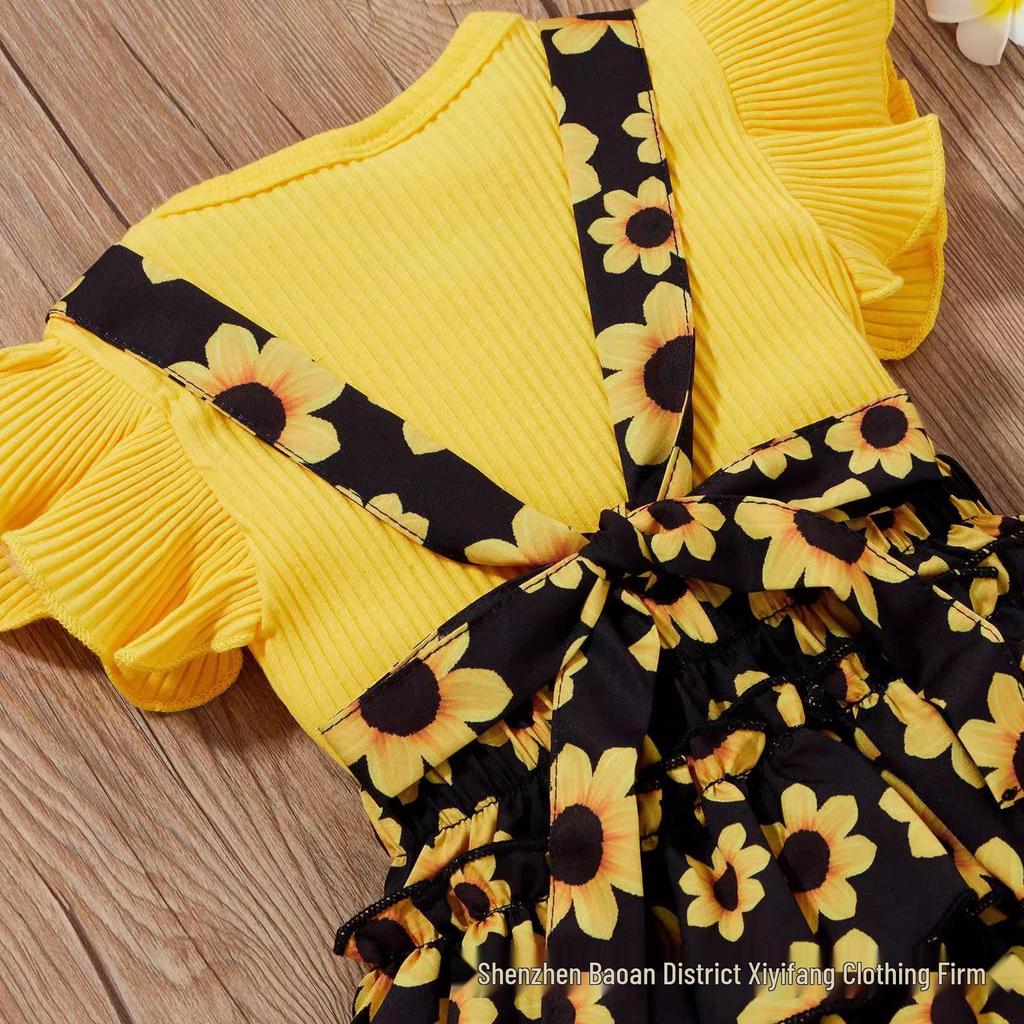 Prinsess-stil Baby Sommaroverall Set: Triangelbody, Tröja att dra över huvudet, Puffbyxor, Kjola