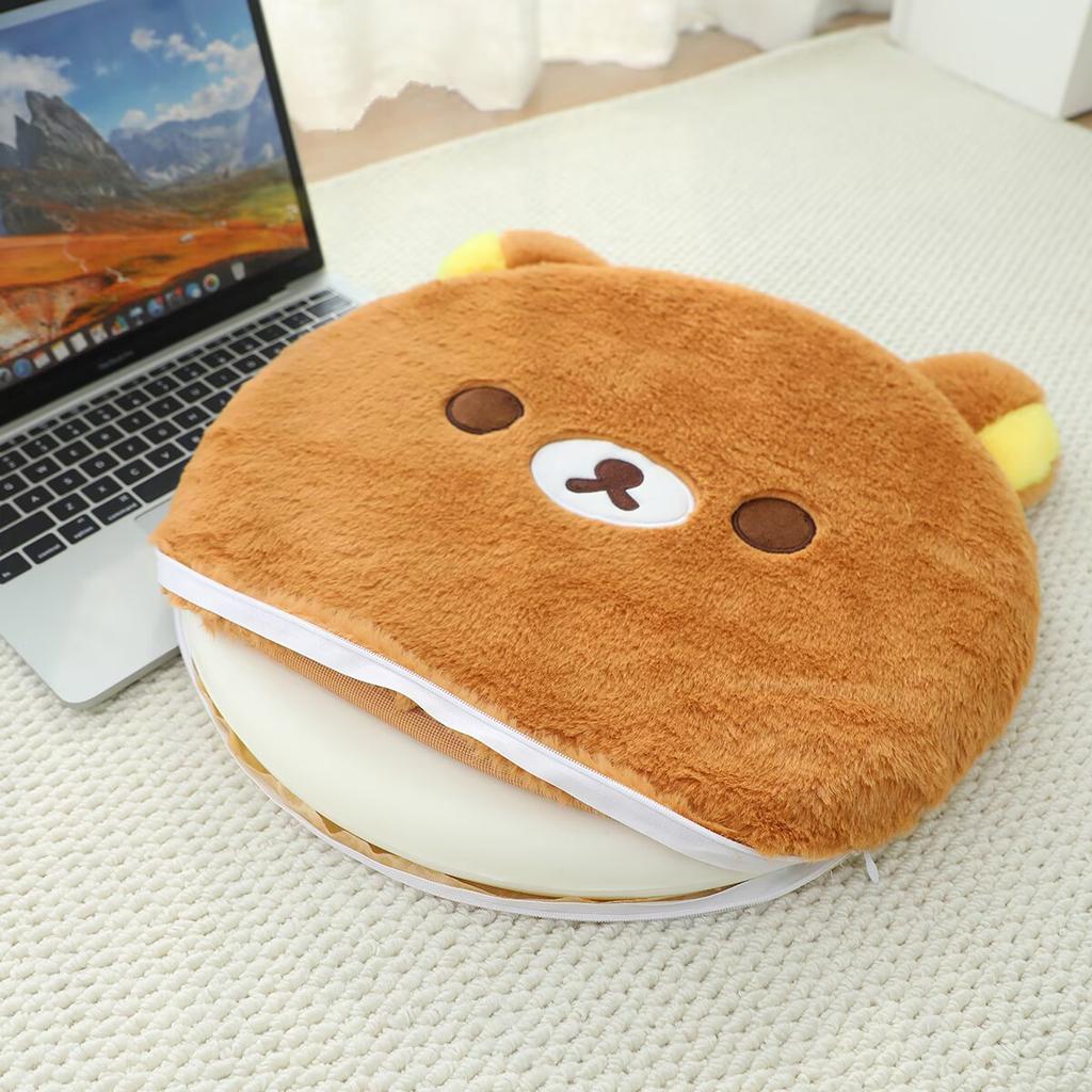 Memory Foam Rilakkuma Round Plush Seat Cushion Soft Fluffy Chair Pad with Zipper for Home Office Dorm Car Seat Decor Gift