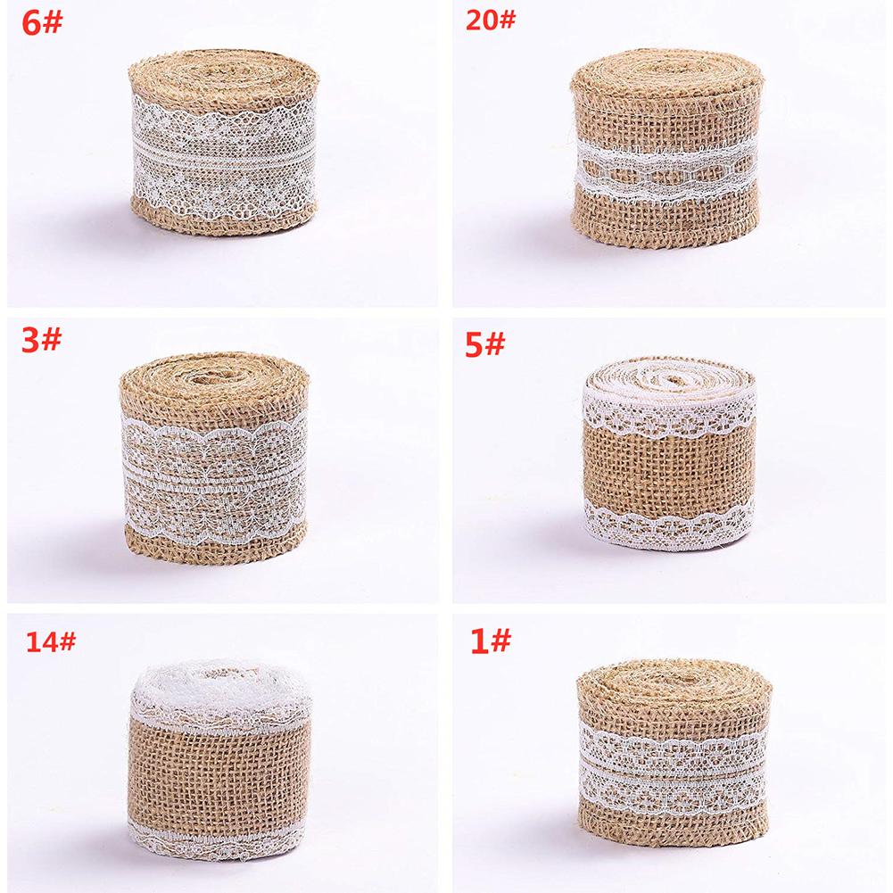 Jute Cloth Roll with White Lace Craft for Home Decoration Packaging 2M/Roll