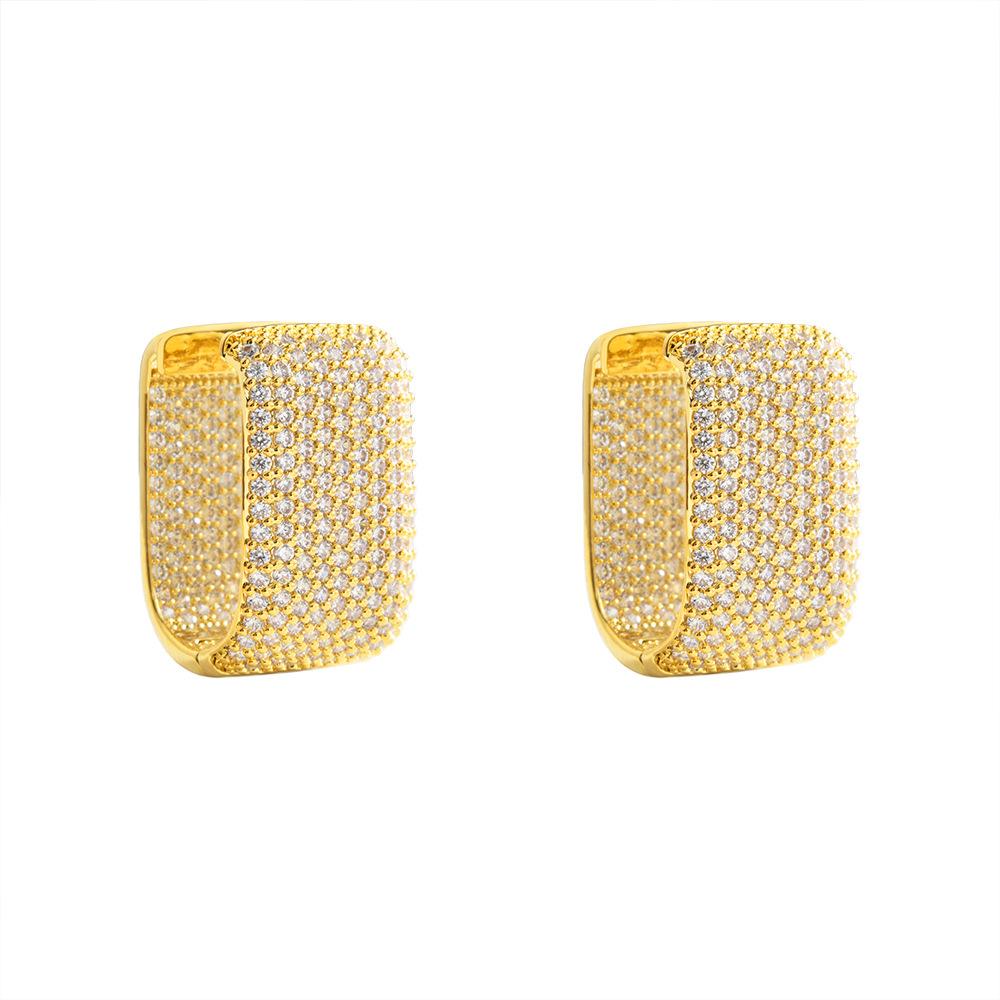 European Luxury Full Pavé Zircon Wide Hoop Earrings Gold Plated Statement Ear Buckles for Women