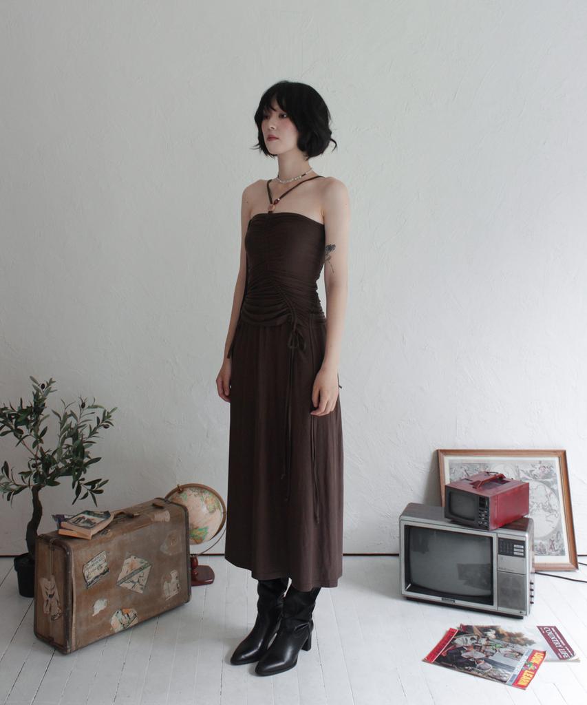 Rubati Shirred Strap Tube Top Dress_Brown