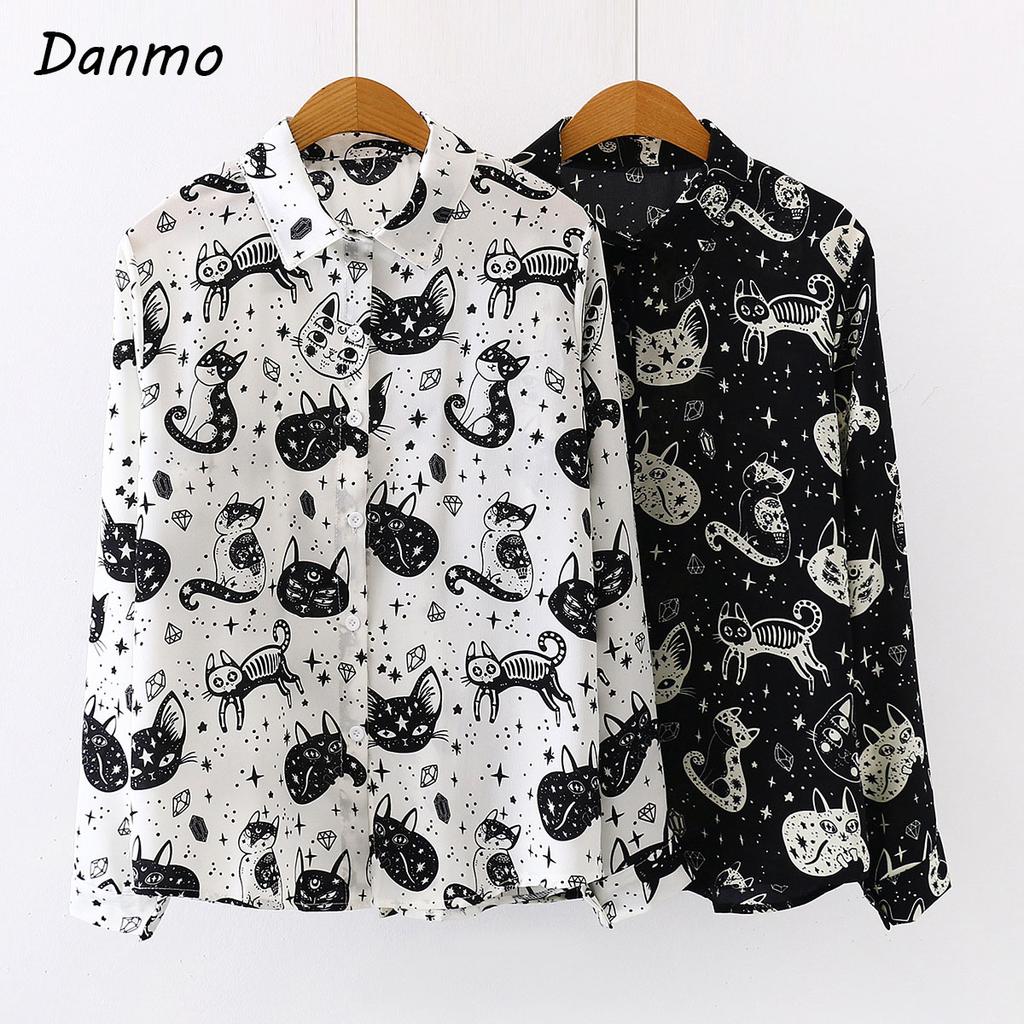 Danmo Women Shirt Cat Pattern Printed Personality Tops and Blouses Fashion Office Lady Long Sleeve Clothes