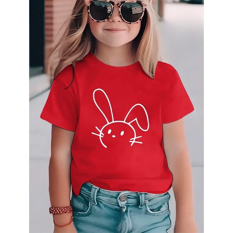 European sizes Girl's T-shirt with Line Rabbit Print, Fun and Cartoon Pattern, Cute Short Sleeve Top for Kids, Toddlers