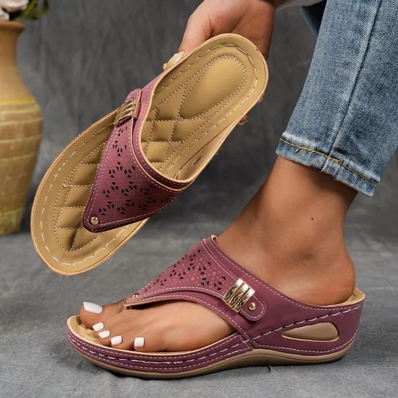 

Модные женские ортопедические тапочки Дышащие туфли на толстой подошве Повседневные сандалии на танкетке Удобные тапочки с перемычкой для пальца Уличные шлепанцы Женские 36 вино красного