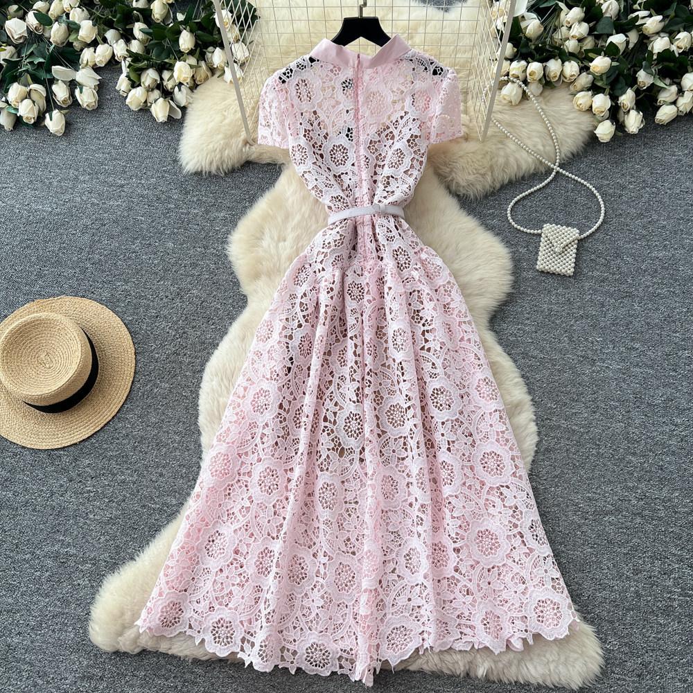 Lace hollow sweet design dress women's summer high waist A-shaped skirt commuting elegant temperament long dress