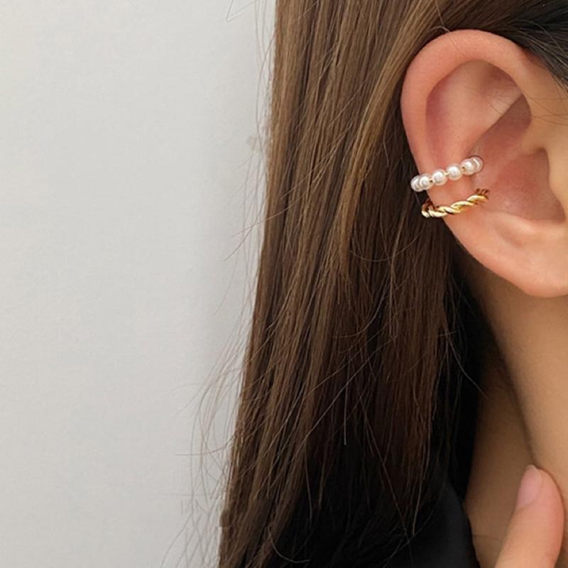 1pc Double Layer Twisted Faux Pearl C-Shaped Ear Clip