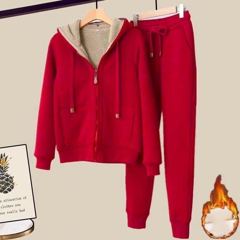 Winter Verdicken Fleece Sweatshirts Hoodies Frauen Zwei-stück Anzug Casual Sport Sets Weibliche Kurzen Mantel Gerade Hosen 2-stück Sets XXXL rot