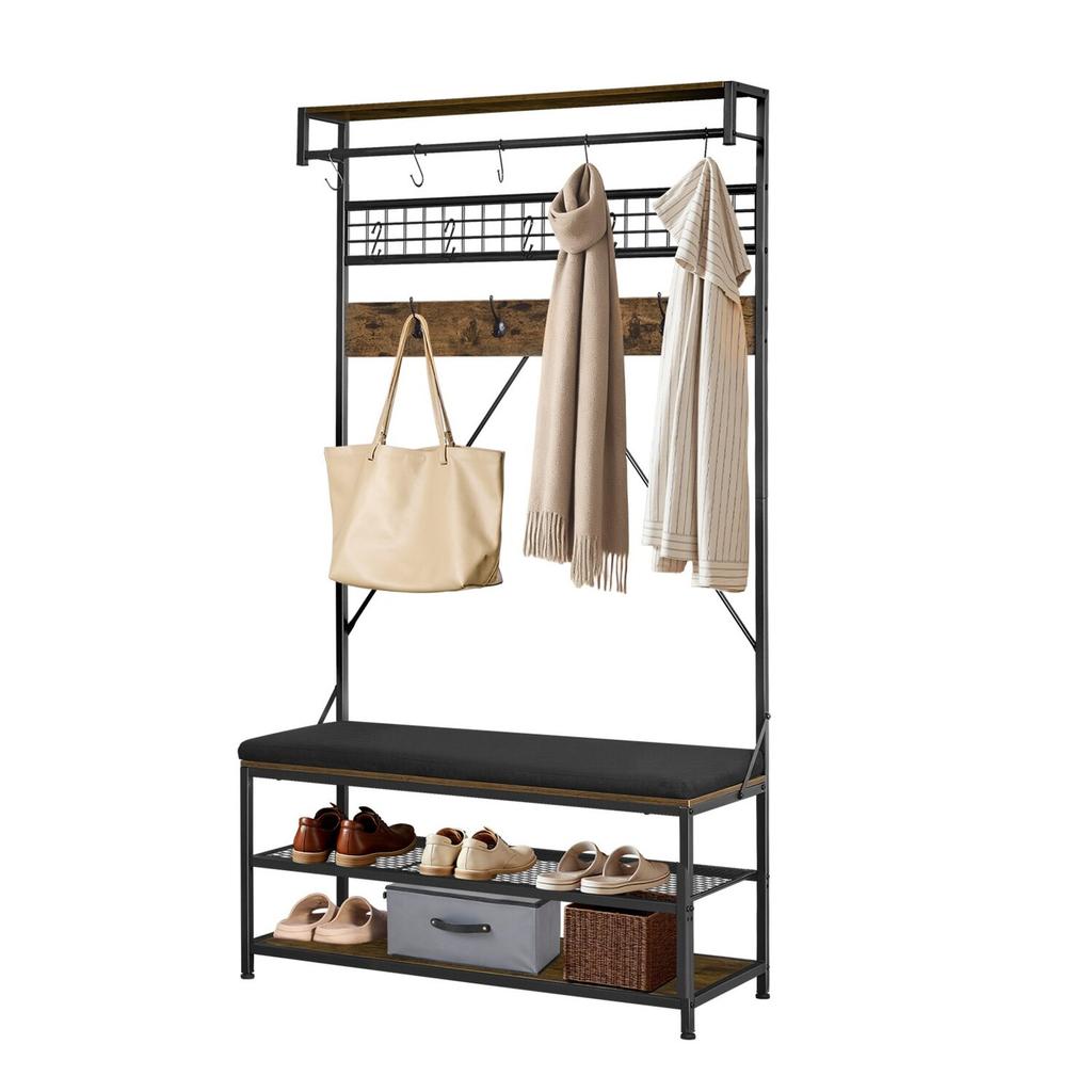 Hall Tree, 1830 mm Coat Rack with Shoe Bench, 2-Tier Freestanding Shoe Rack Storage Organizer with Hooks, Hanging Rod and Wire Shelf, Steel Frame
