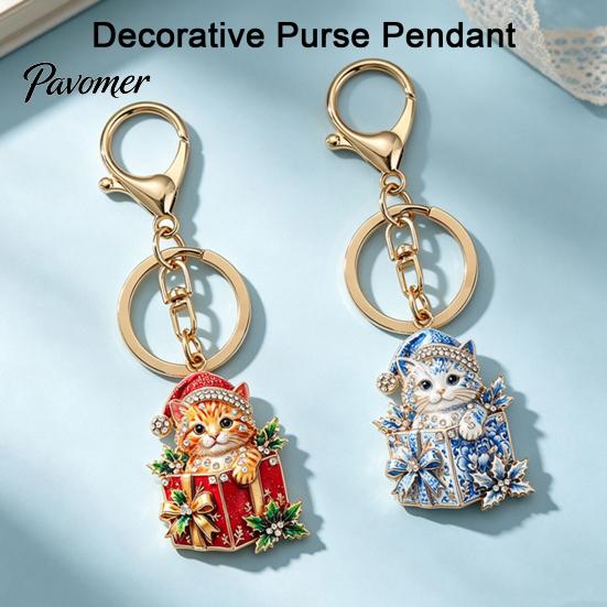 Decorative Purse Pendant Christmas Gift Box Cat Keychain, Bling Rhinestone Kitten Keyring Keychain Pendant, Backpack Handbag Accessory for Holiday