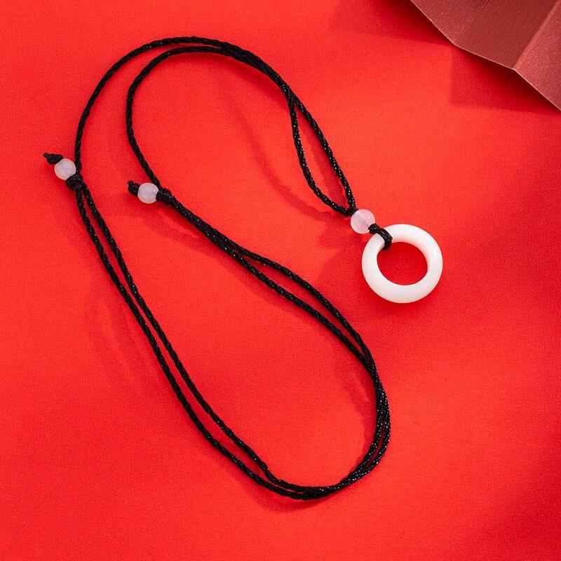Chenxi, White Jade Bodhi Safety Buckle Ring Necklace Simple Woven Necklace Rope Men's and Women's Black Rope Necklace