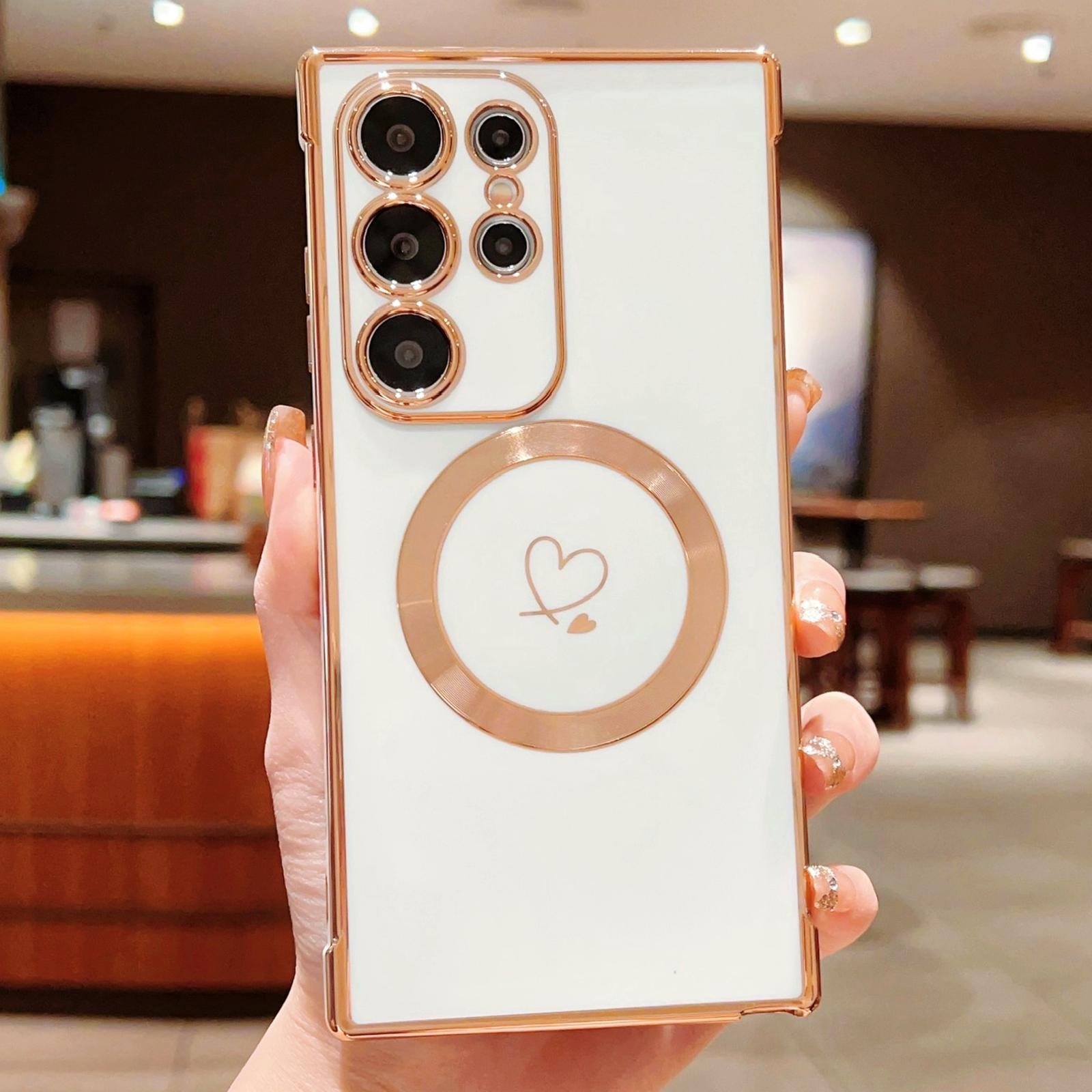 

For Samsung Galaxy S23 Ultra Case Compatible with MagSafe Electroplated TPU Phone Cover Hollow Love Hearts Ivory White
