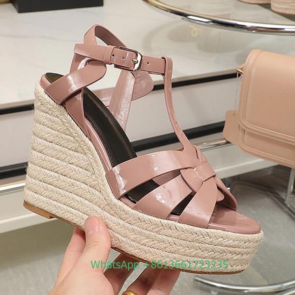 Fashion Cross Straps Open Toe Wedges Women Sandals Solid Color Open Toe Real Patent Leather Espadrilles Shoes Newest Summer 14cm Heels