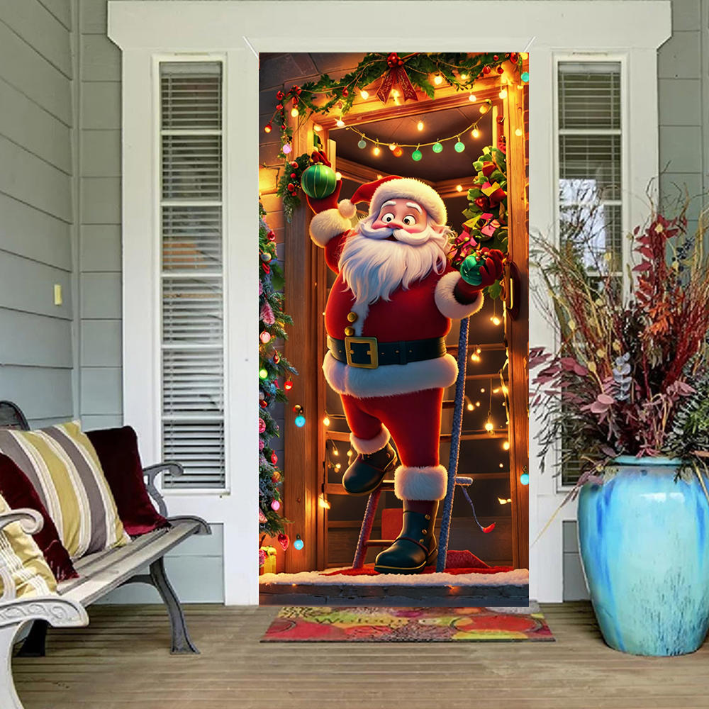 Large Santa Claus Christmas Door Cover 2025 Xmas Outdoor Decoration Funny Santa Hanging Backdrop for Home Porch Front Door