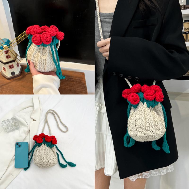 Woven Textile Rose Flower Bucket Bag With Inner Card And Phone Compartments For Casual Style