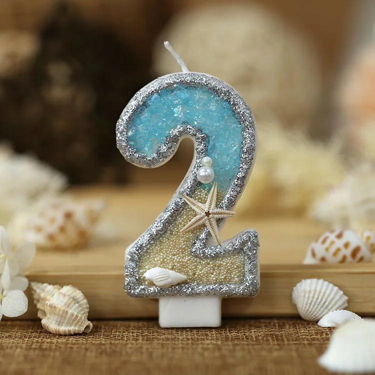 3 hüvelykes Születésnapi Gyertya Nagy 4-es Számú Gyertya Tengeri stílusú Tengeri csillag Kagylók Torta Dísz Gyerekek Születésnapi Bulihoz