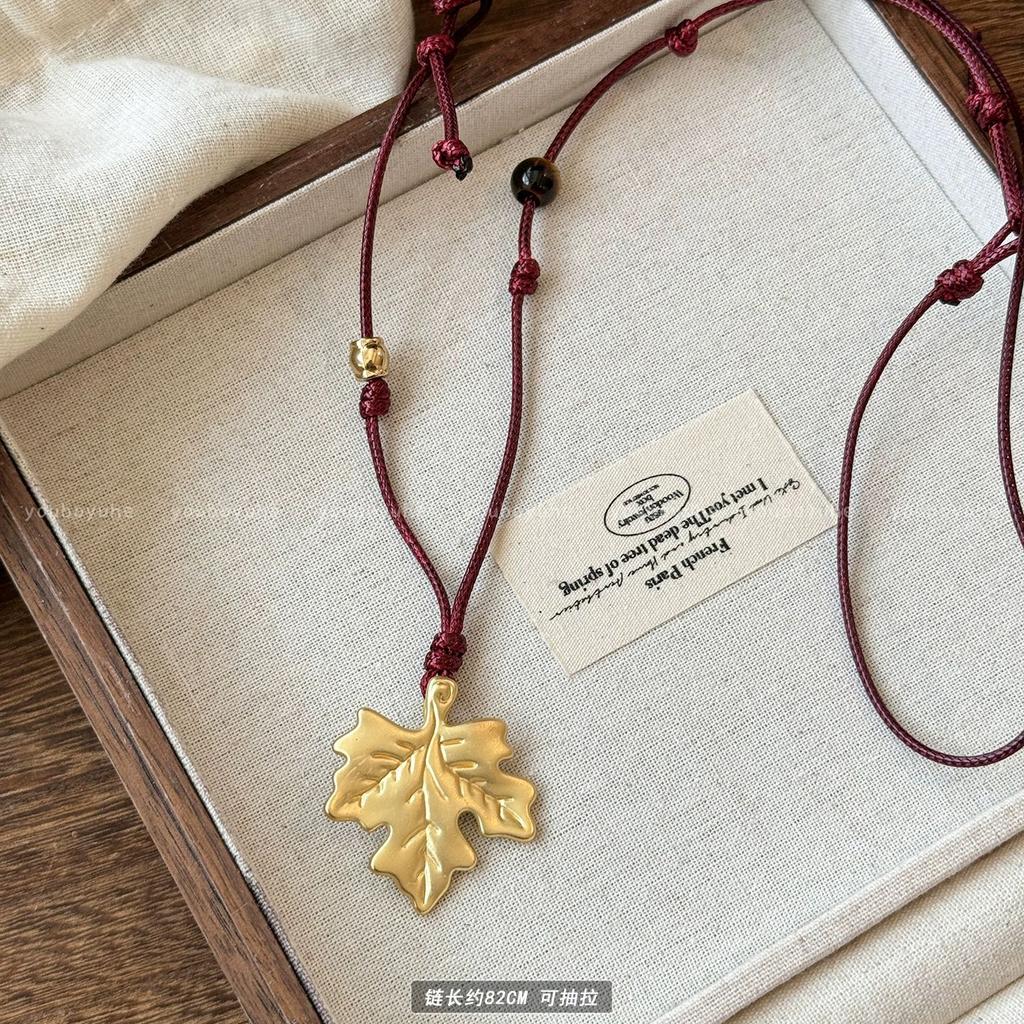 Tiger's eye stone gold maple leaf beaded necklace women's retro ethnic style long sweater chain neck accessories