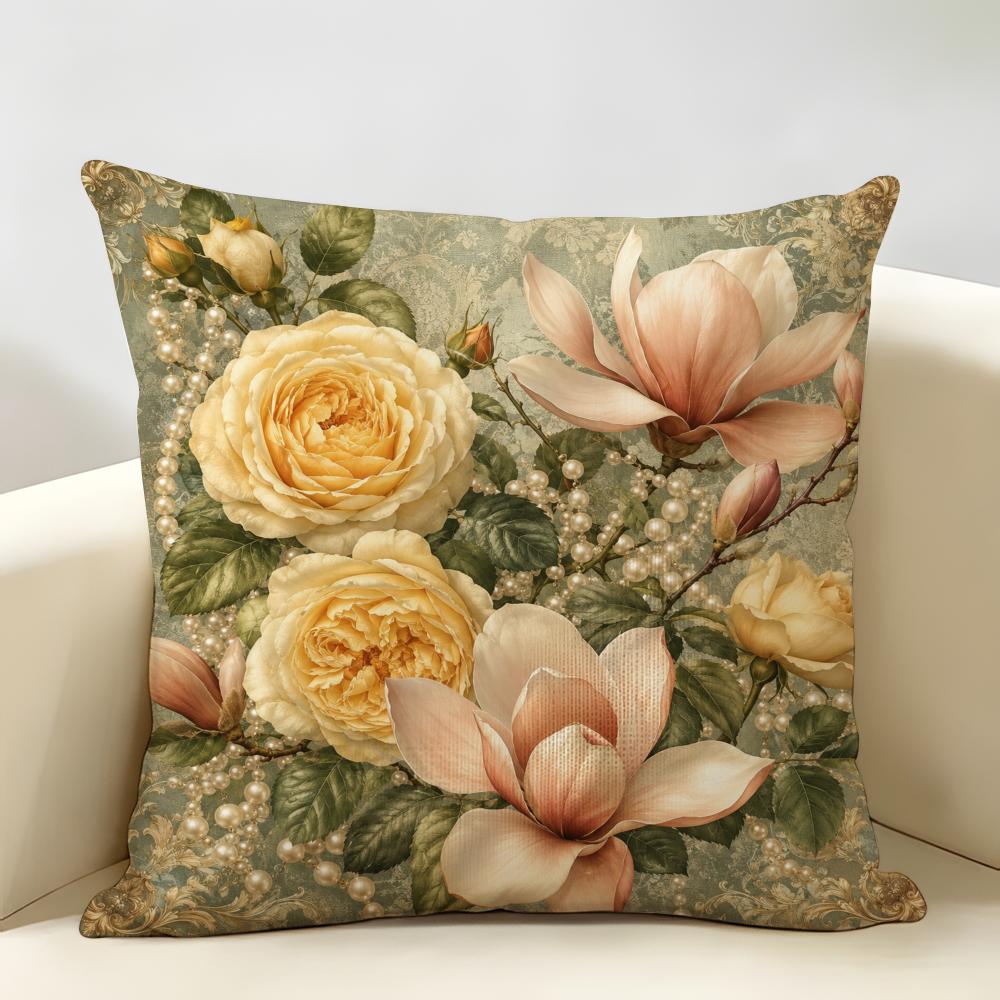 VintagePearlOrnateFloral Cushion Cover Durable Hypoallergenic Organic Linen Short Pillow Cover Washable