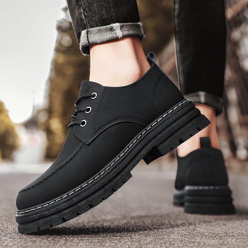 Tooling Men's Shoes Autumn New Black Casual Versatile Leather Shoes Low-top Thick-soled Heightening Labor Insurance Shoes Wear-resistant Martin Boots