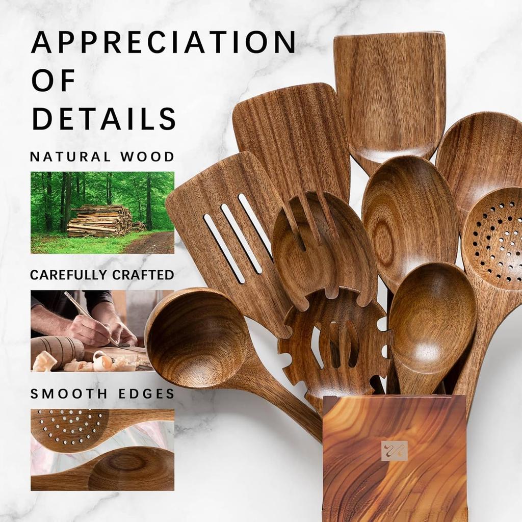 Wooden Spoons for Cooking, Nonstick Cooking Utensil Set with 10 Piece Acacia Wooden Spatulas and Spoons for Cooking, Terrific for Everyday Kitchen