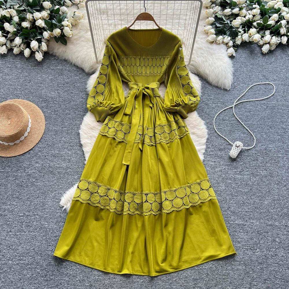 Spring Autumn Women Elegant Lantern Sleeve Lace Patchwork Miyake Robe Oversized Loose Long Maxi Holiday Party Dresses