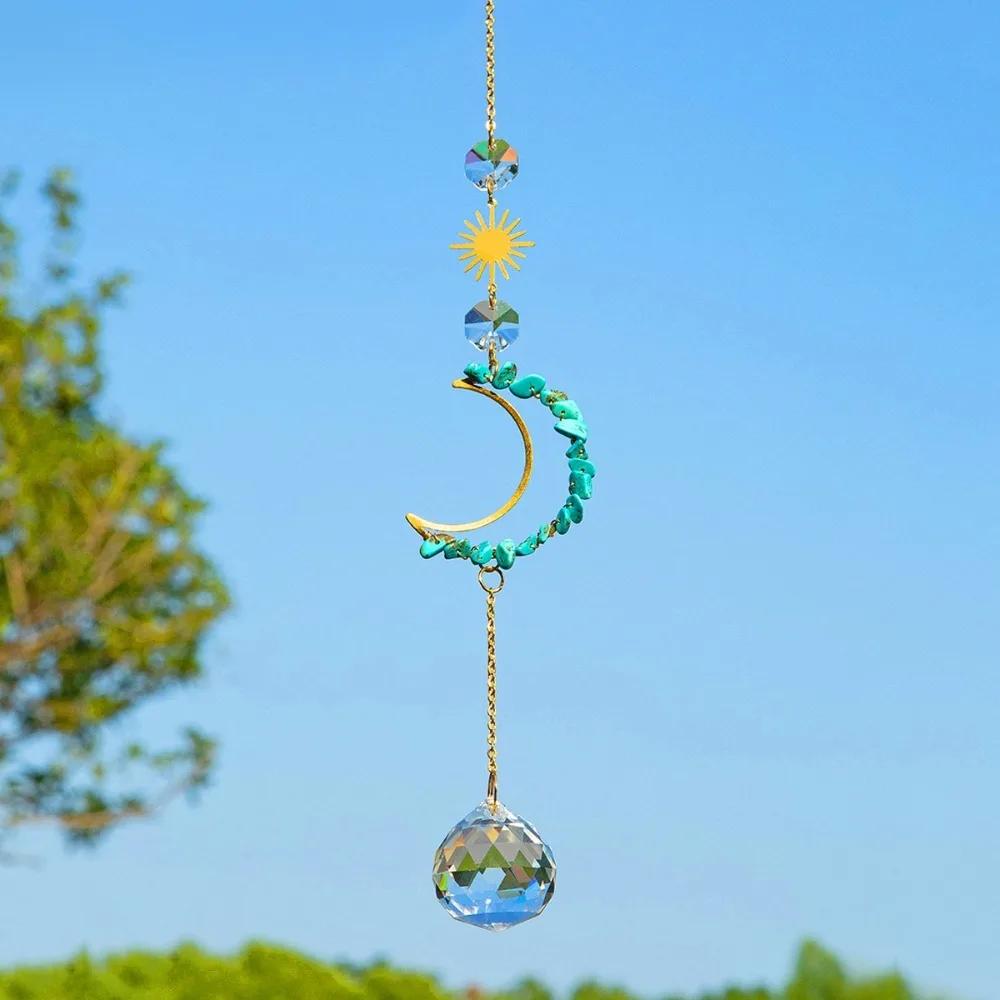 New Crystal Wall Hanging Crystal Suncatcher Raw Stone Shape of the Moon Crystal Wind Chime Colourful Moon Prism Pendant Garden