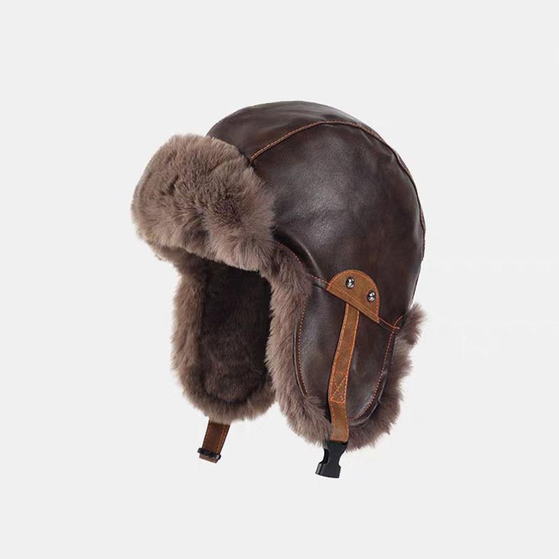 Retro pilot hat men's and women's winter velvet PU leather warm outdoor cycling cold ear protection hat tide