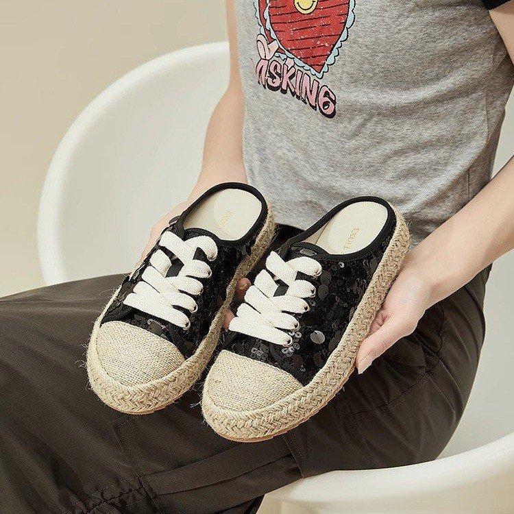 

Ретро плетеные верхние толстоподошвенные крутые тапочки женские 2025 лето новая мода универсальные нежные ветровые повседневные пляжные туфли 40 чёрный