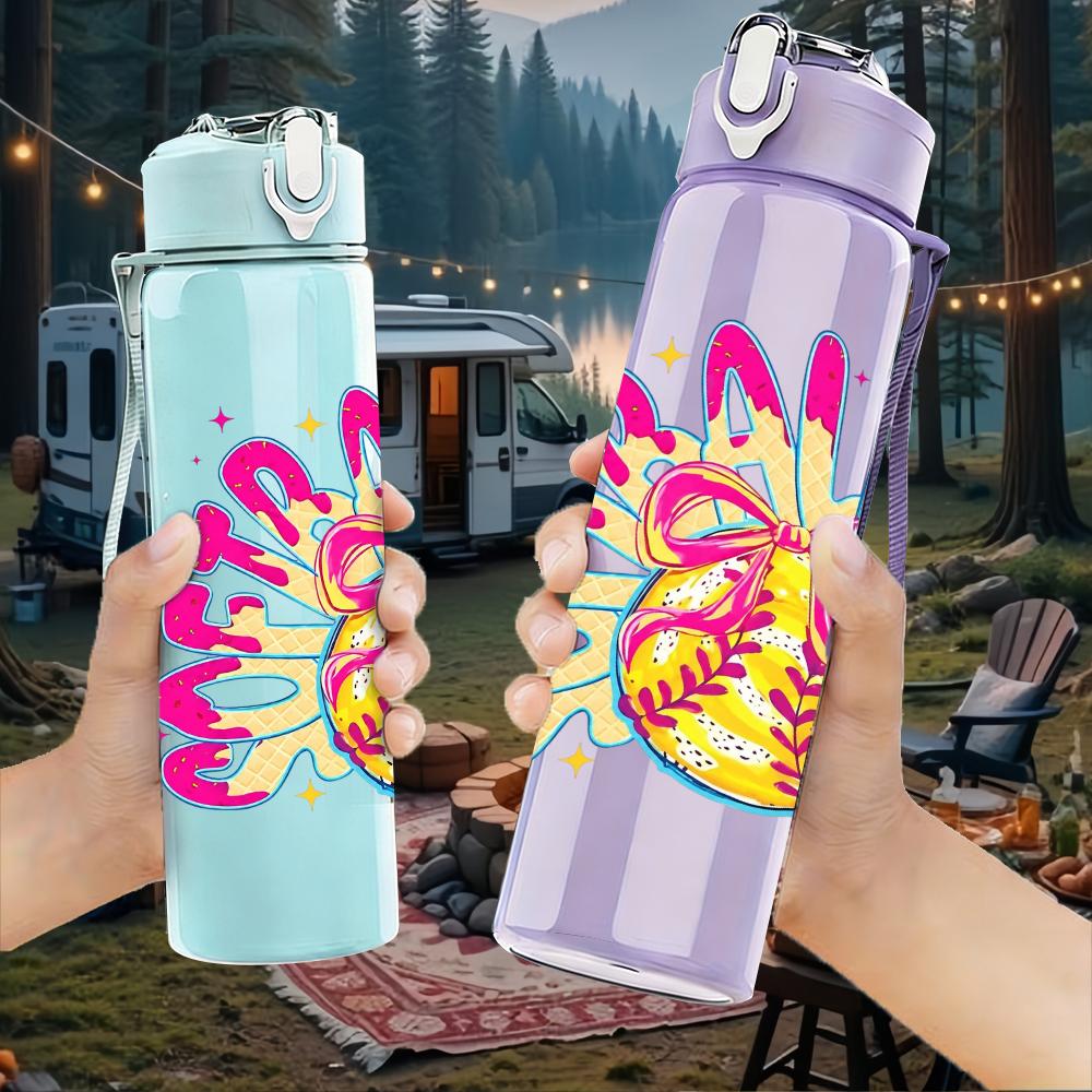 1PC Colorful Softball Bow Graffiti Art 750ml Color Plastic Water Bottle Leakproof Flip Straw Lid For Sports Office Home Use
