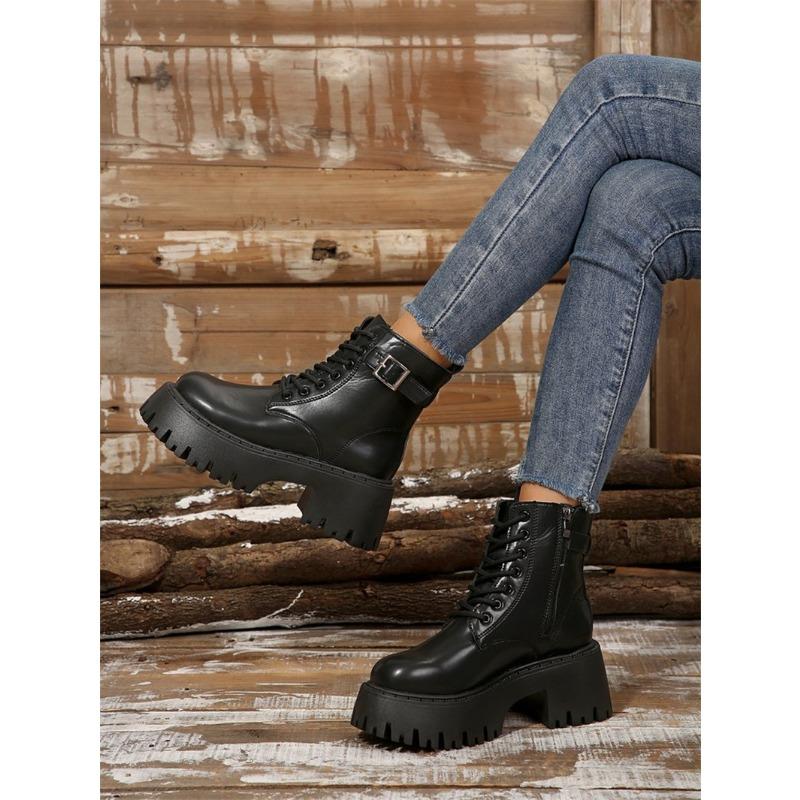 Plus Size 25 Autumn New Lace-up Round Toe Buckle with Platform Short Sore Women's British Style Fashion Trend Martin Boots