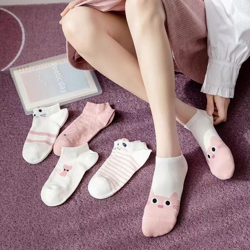 5 Pairs Womens Socks Kitty Crew Short Socks Creative Printing Socks Cartoon Cute Kitten Ankle Sock