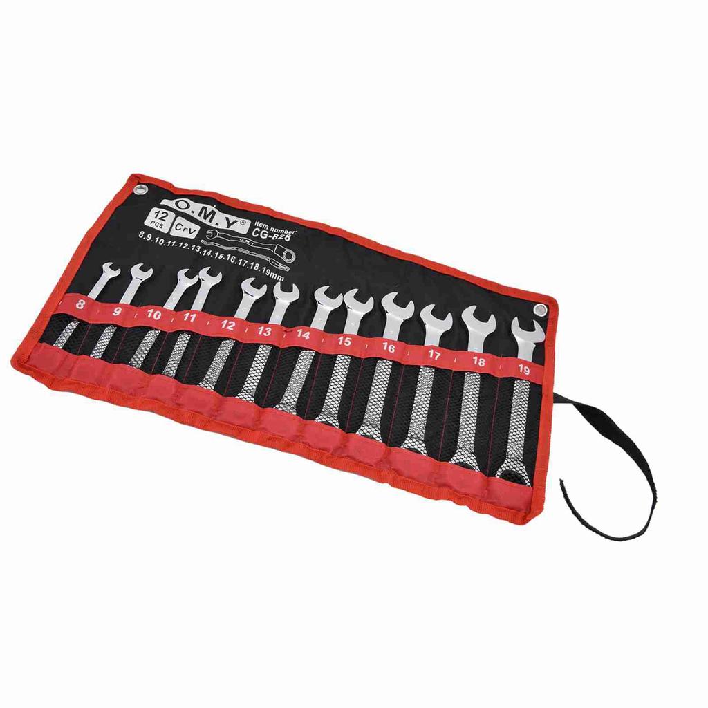 12Pcs Ratchet Wrench Set Kit Metric Combination Chrome Vanadium Steel 8‑19mm with Storage BagFixed Head