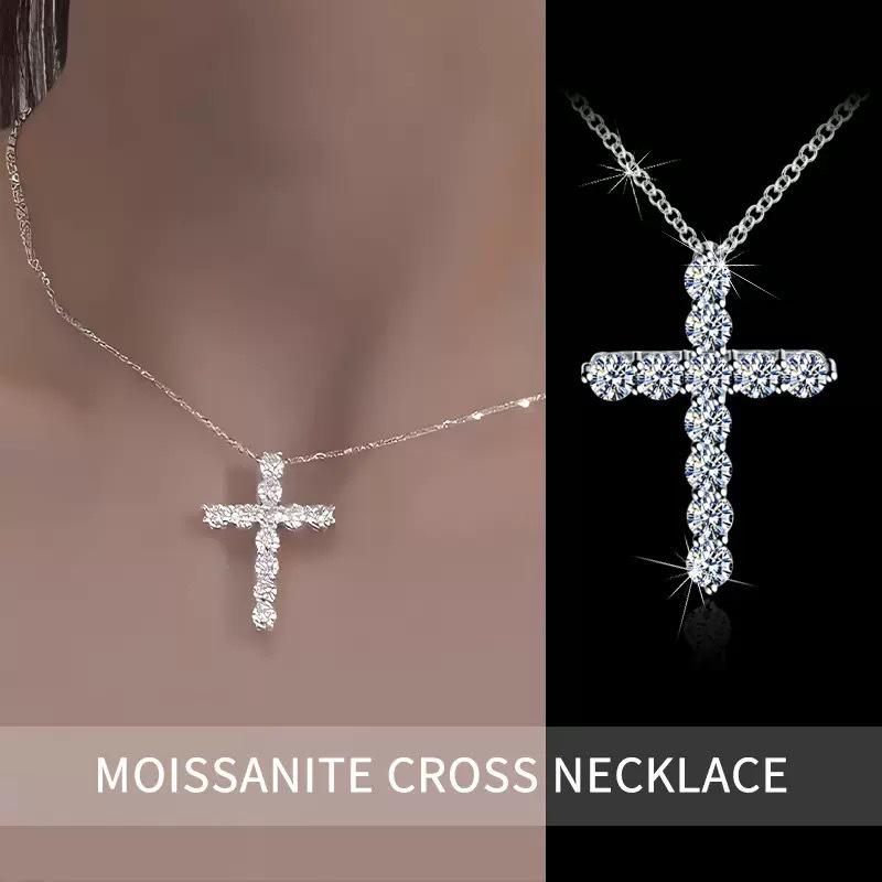 S925 Sterling Silver Moissanite Cross Pendant Necklace - Women's Luxury Clavicle Chain