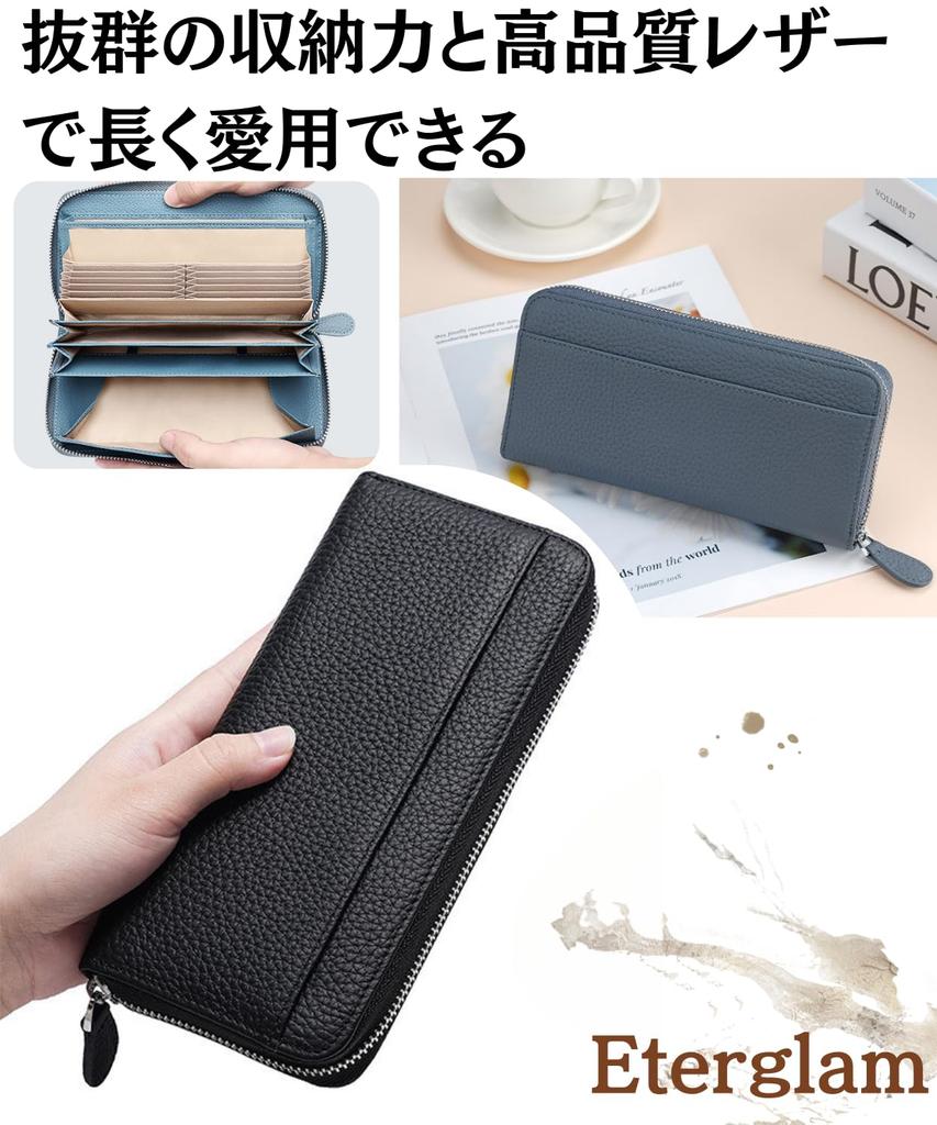 Long Genuine Large Card Business Round Zipper [Eterglam] Women's Wallet, Garçon Wallet, Leather, Capacity, Wallet, (Dark Green)