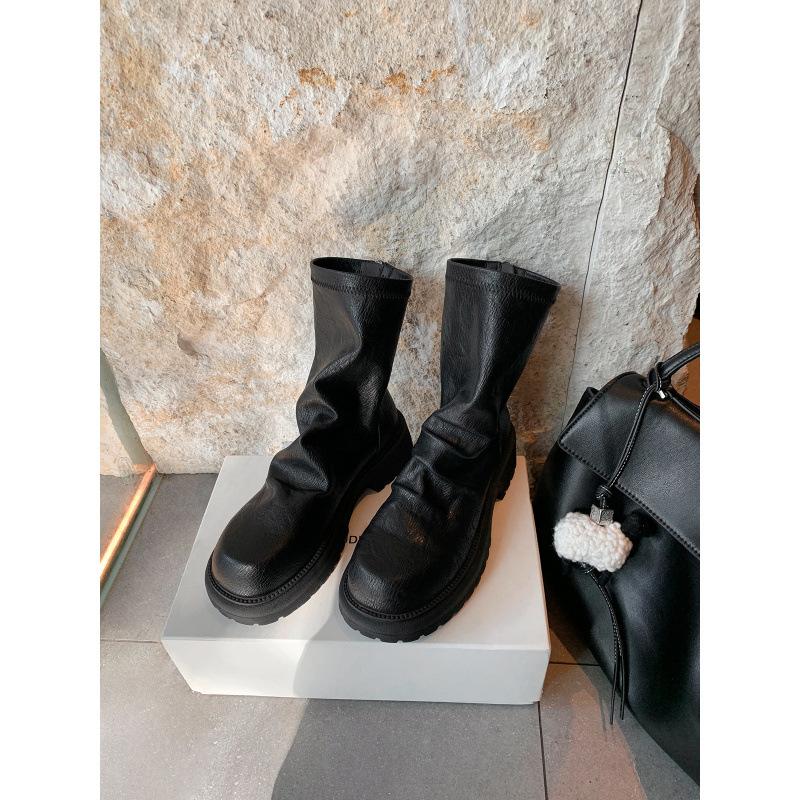 Sheepskin trendy thick heel thick sole thin boots round head pleated rear zipper stack short boots Martin boots women's autumn