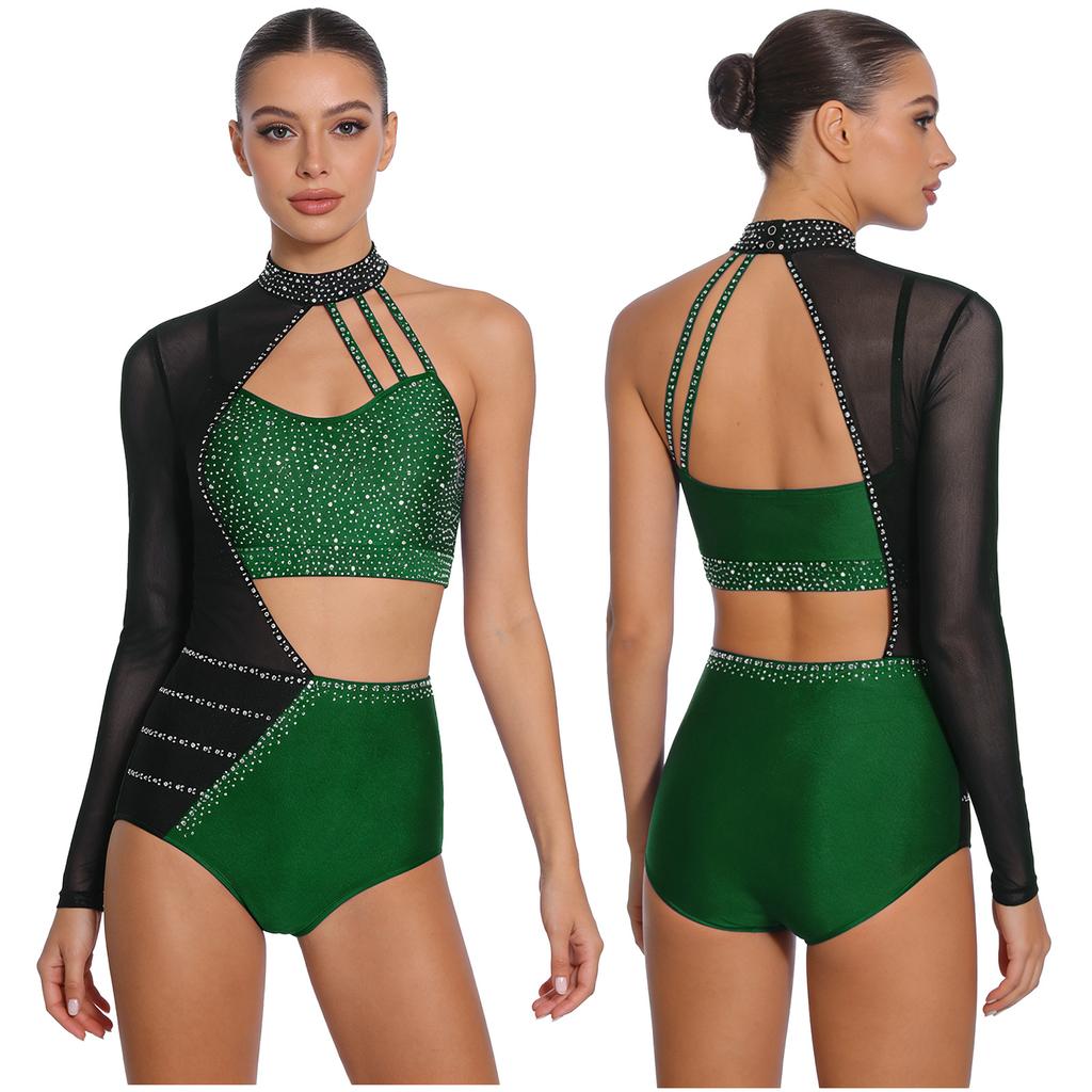 S-XXL Womens Gymnastics Leotard Bodysuit Rhinestone Color Blocking Asymmetrical Hollow Out Jumpsuit Figure Skating Tango Dancewear