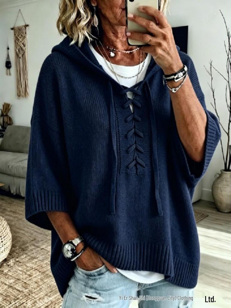 2026 Autumn/Winter Women's European & American Lace-up Hooded Sweater: Casual Loose Fit, Lazy Style Knitwear with Drop Shoulders