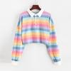 Women's Korean Style Rainbow Striped Polo Hoodie Sweater Long Sleeve