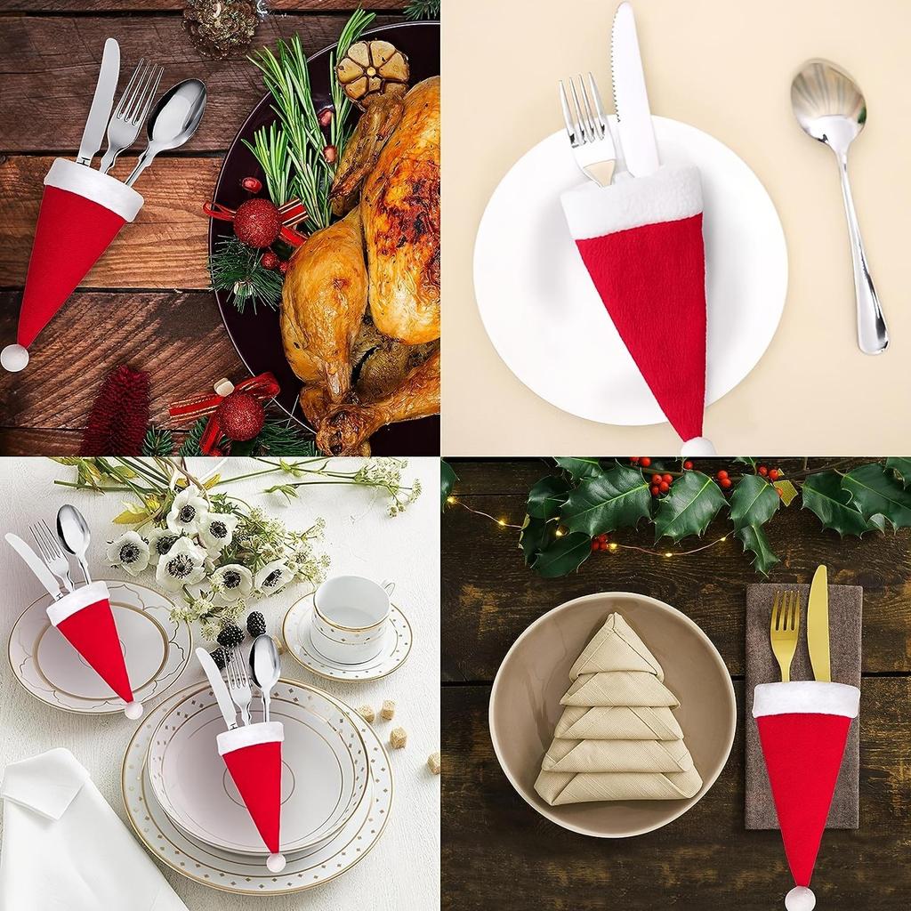 12pcs Red Christmas Mini Hat Cutlery & Wine Bottle Sleeves - Table Decoration Supplies